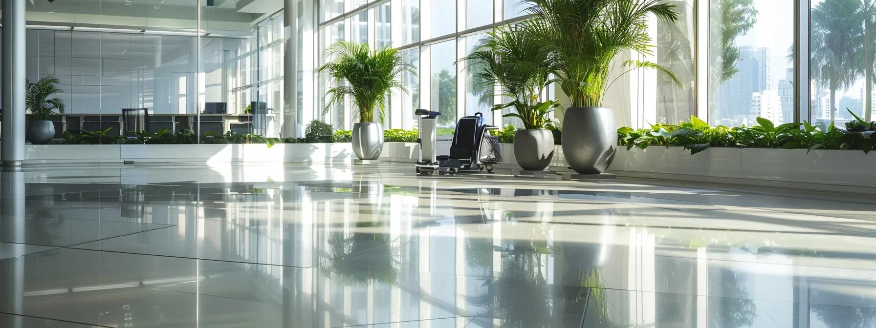 a polished office space featuring professional cleaners efficiently utilizing advanced equipment, showcasing the distinction between commercial cleaning services and standard housekeeping in a corporate setting.