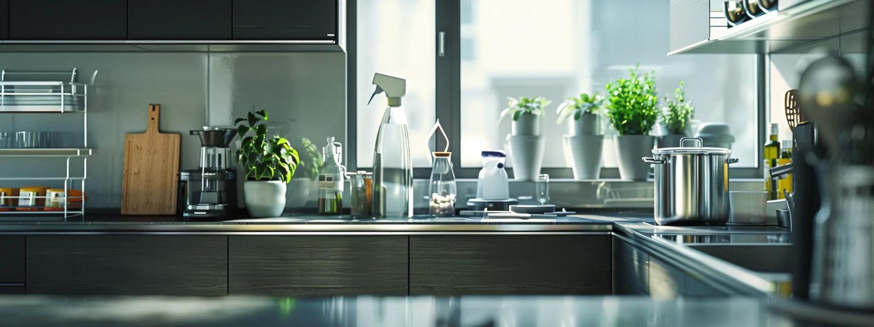 a sleek, modern kitchen filled with an array of cleaning supplies and organized household items, showcasing a professional housekeeping service in action as they efficiently manage cooking, laundry, and tidying tasks in a busy urban home environment.