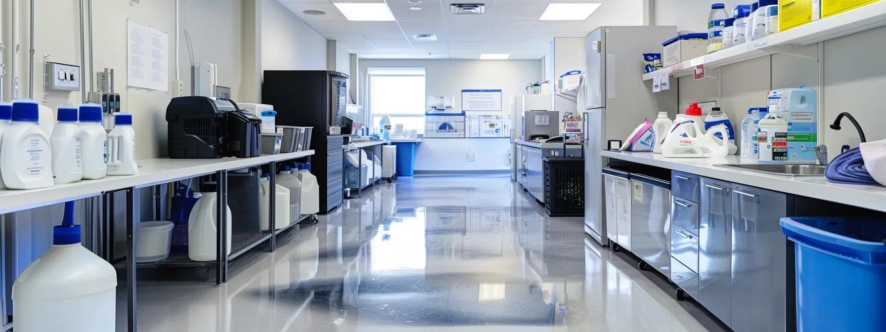 a sleek, modern office space is meticulously organized, showcasing professional cleaning equipment and supplies, emphasizing the specialized nature of commercial cleaning services tailored for business environments.