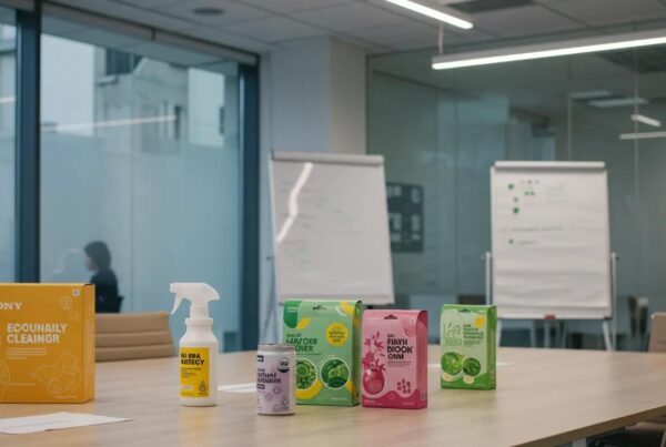 a modern office environment featuring vibrant eco-friendly cleaning solutions artfully arranged on a sleek conference table, illuminated by soft, focused lighting that highlights their innovative packaging.